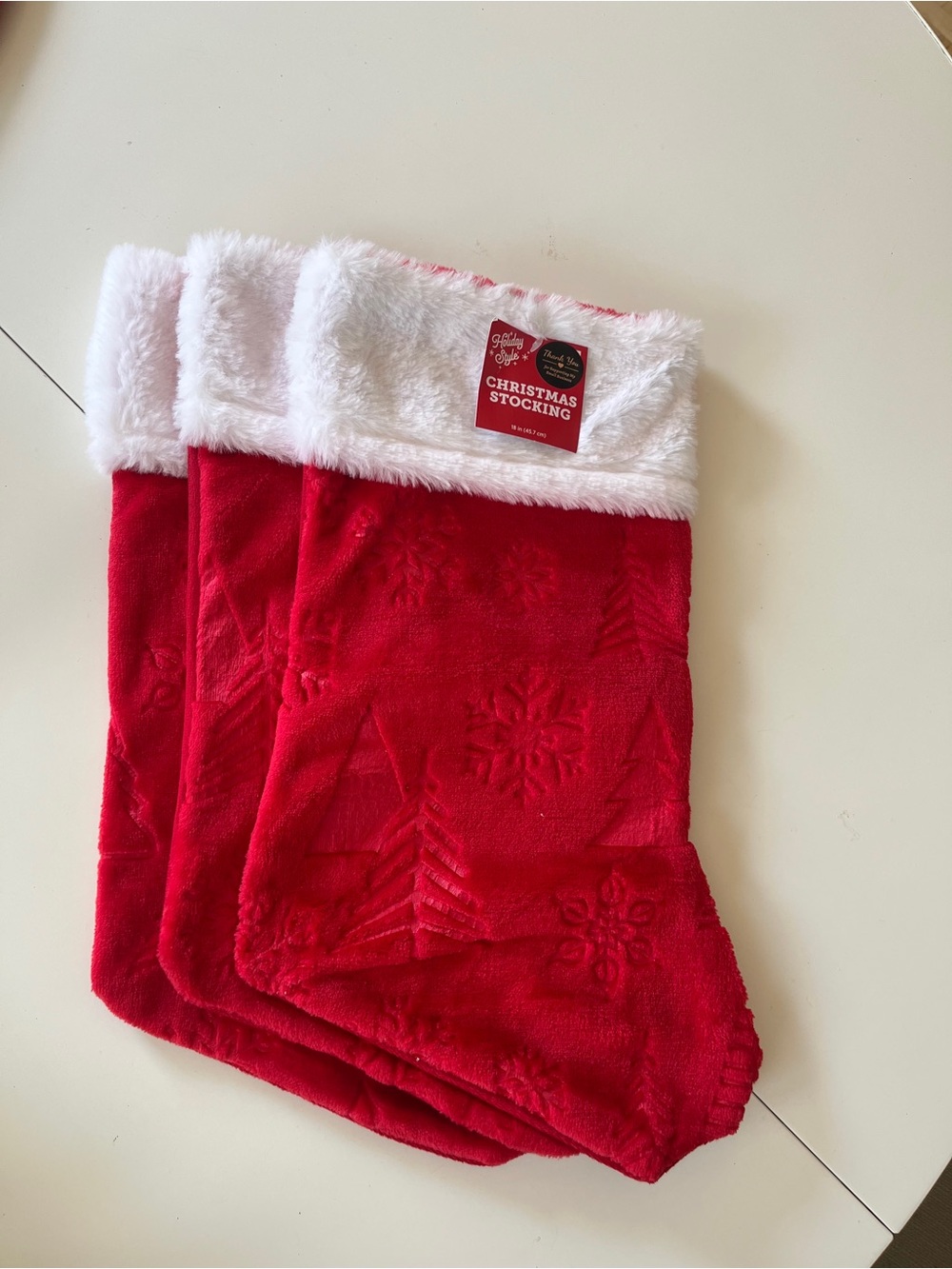 Red Plush Christmas Stockings with White Faux Fur Cuffs (Set of 3)
